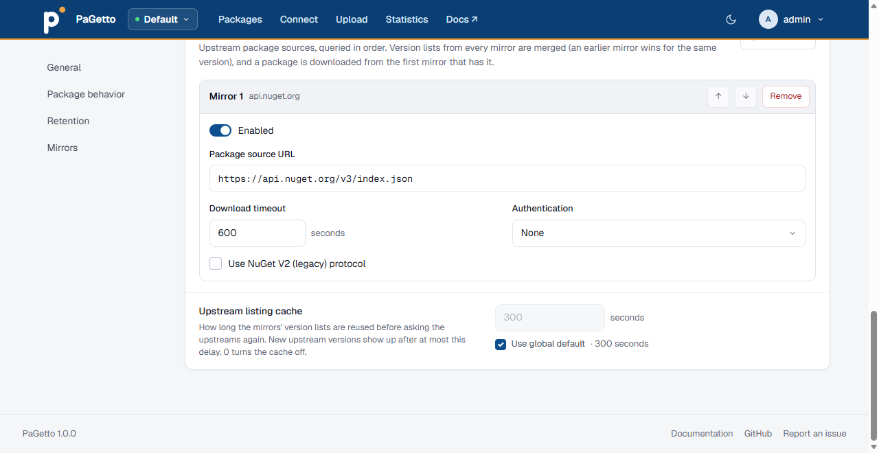 The Mirrors section of a feed's settings, with nuget.org as its only mirror