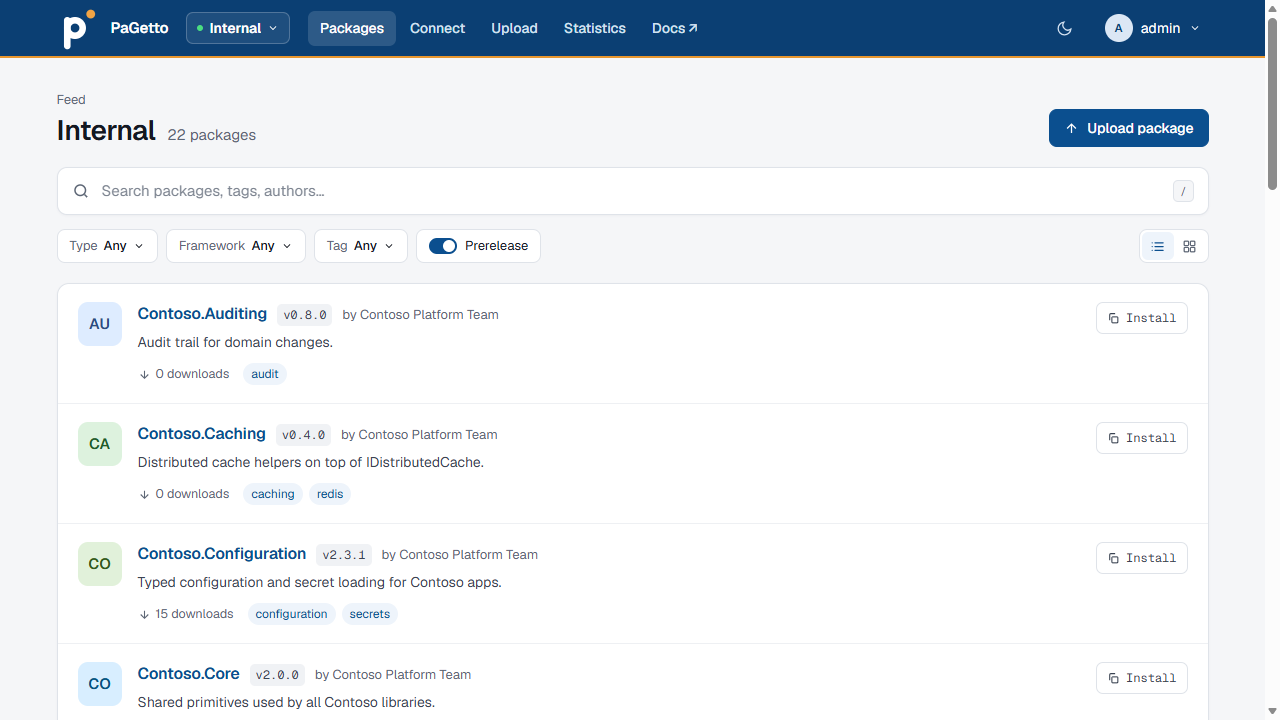 The package list of the Internal feed