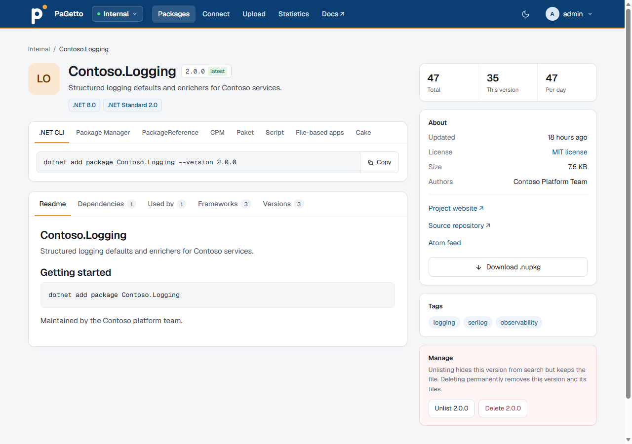A package page with the install tabs, the readme, and the stats, About, Tags and Manage cards in the sidebar