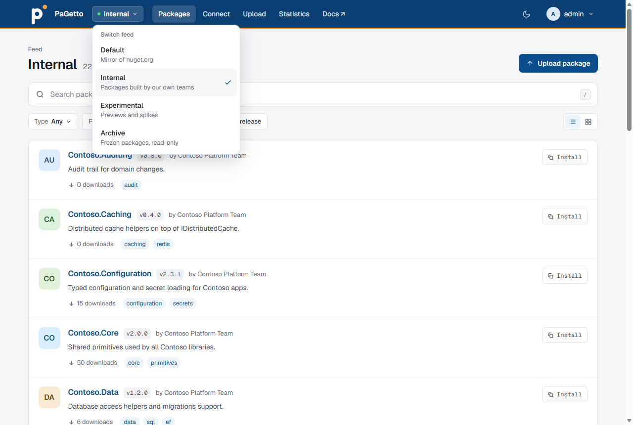 The package list of the Internal feed, with the feed switcher open